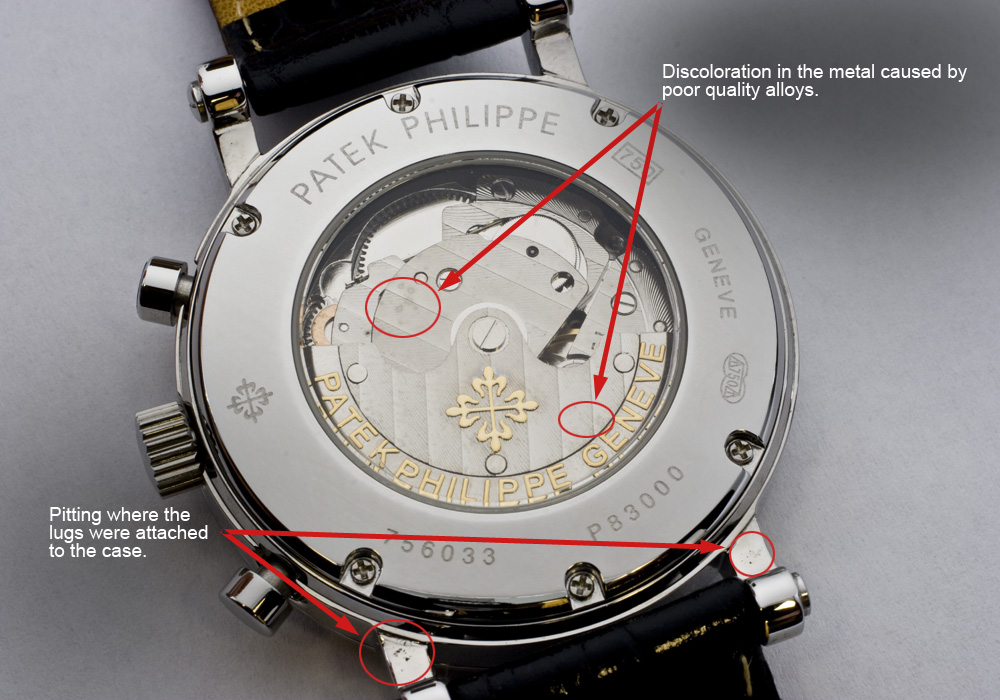 Image from JCR. "But its light weight made the watchmaker suspicious. Then he noticed some quality issues that suggested deception. Upon opening the watch, he found that the movement was not by Patek - and that everything else with the Patek Philippe name on it was also counterfeit. The skeleton case back had been specially made to conceal areas that would indicate fake parts."