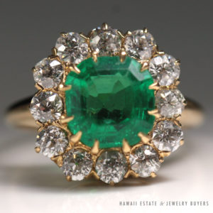 Antique 1920's Natural Colombian Emerald Old European Diamond Ring