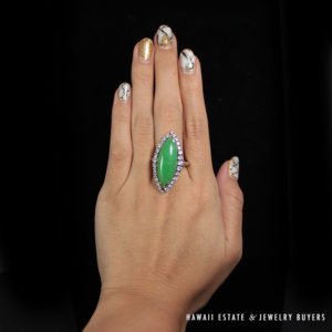 Vintage 1970's Large Marquise Apple Green Jade Diamond 14K Ring