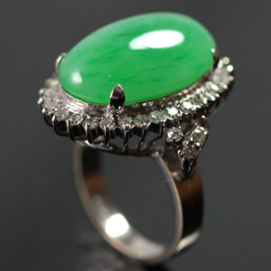 GIA Certified Large Apple Green Jade Diamond 14K White Gold Ring