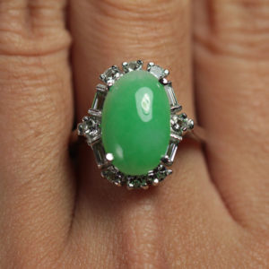 GIA Certified Oval Jade Cabochon Diamond 14K White Gold Ring