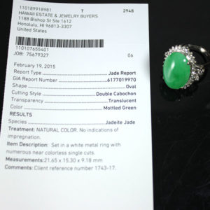 GIA Certified Large Apple Green Jade Diamond 14K White Gold Ring