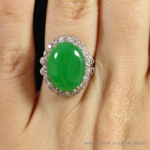 GIA Certified Apple Green Jade Cabochon Diamond 14K Ring
