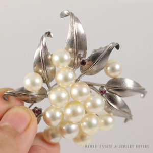 Cultured Pearl Ruby Cluster Flower 14K White Gold Brooch