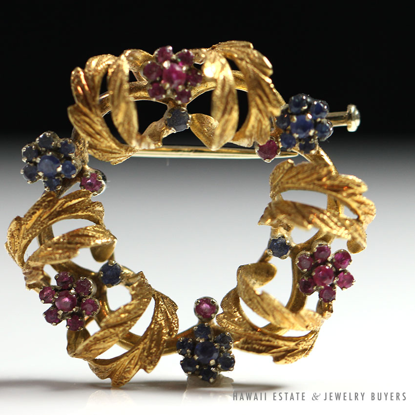 VINTAGE NATURAL RUBY & SAPPHIRE WREATH 14K YELLOW GOLD BROOCH