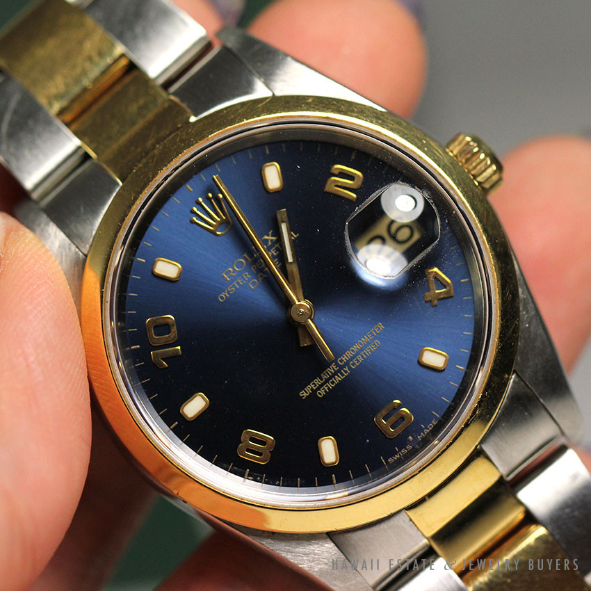 ROLEX OYSTER PERP TWO TONE BLUE FACE 18K & SS WATCH R15203 W/ FULL ...