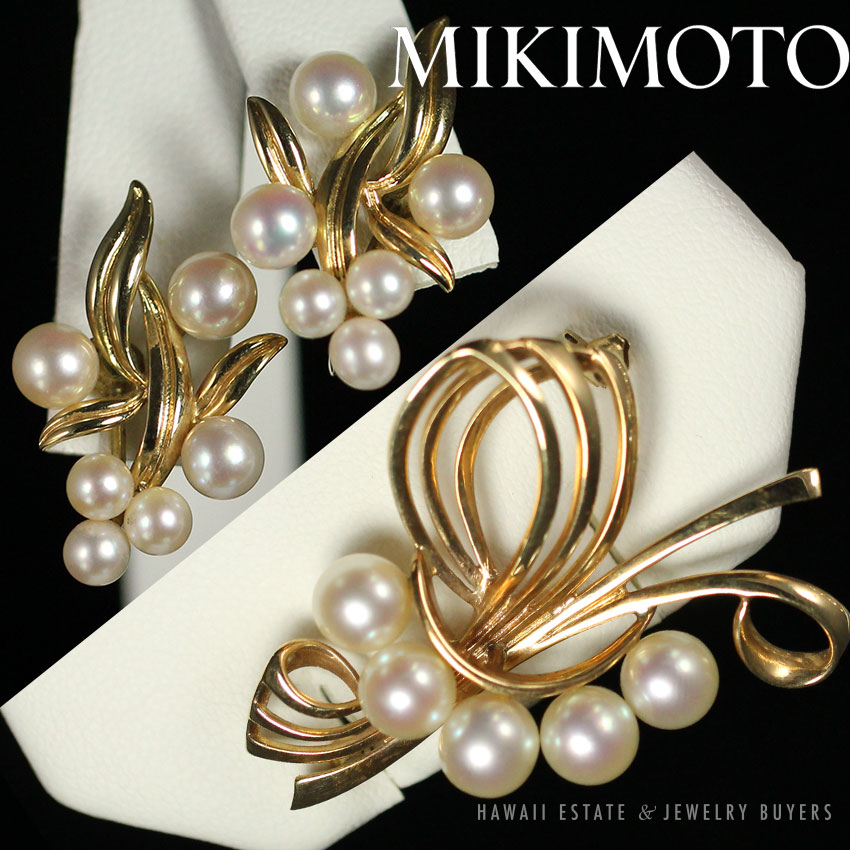 MIKIMOTO AAA AKOYA PEARL 4-6MM WHITE 14K YELLOW GOLD FLOWER BROOCH PIN &  EARRINGS SET