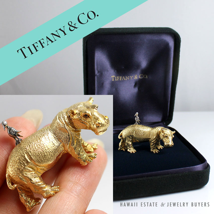 TIFFANY & CO 18K & DIAMOND HIPPO & BIRD YELLOW GOLD WHITE GOLD ANIMAL  BROOCH PIN W/ BOX - Hawaii Estate & Jewelry Buyers