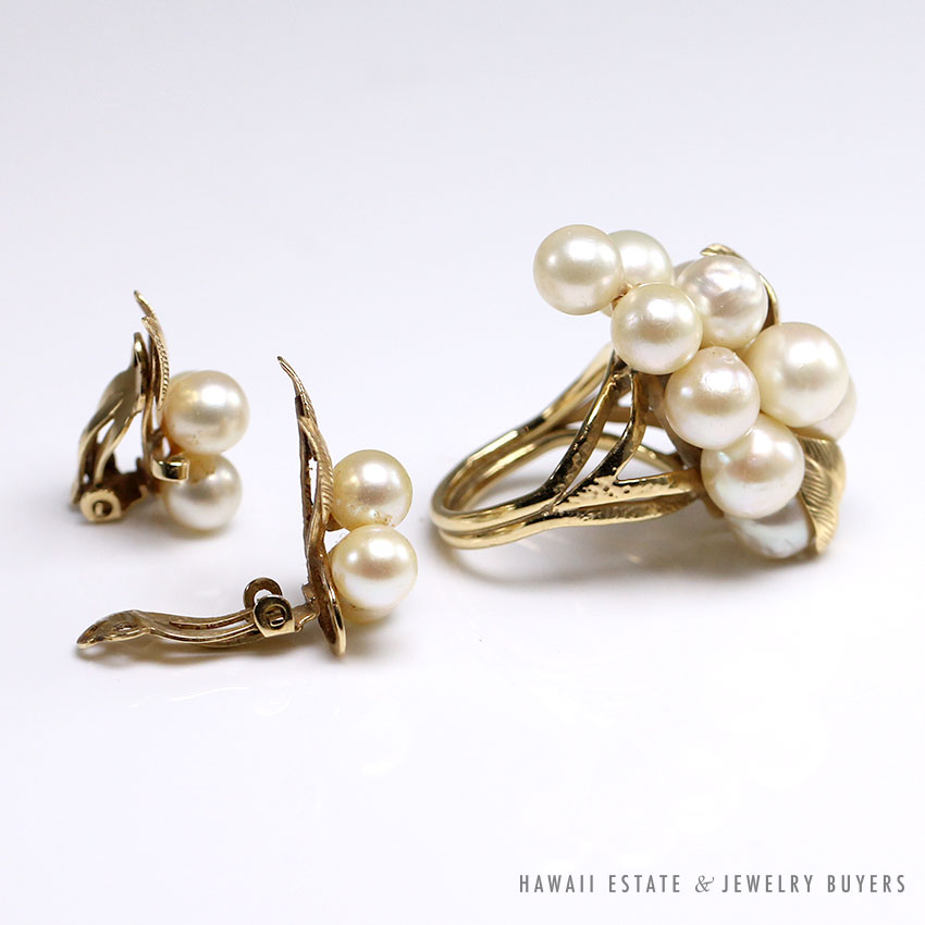 MINGS HAWAII WHITE PEARL 14K YELLOW GOLD FLORAL RING AND CLIP BACK ...