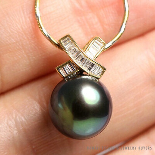 Tahitian Black Pearl & Diamond 18K Yellow Gold Pendant Necklace 18 Inch - Image 3