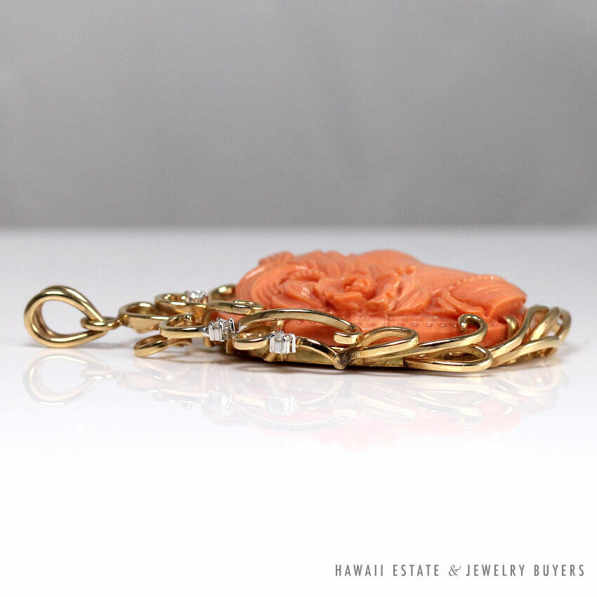 Vintage Carved Coral Cameo & Diamond 14K Yellow Gold Wirework Pendant - Image 6