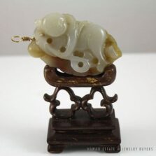 Carved White & Russet Mutton Fat Jade Figural Pendant with Wood Display Stand