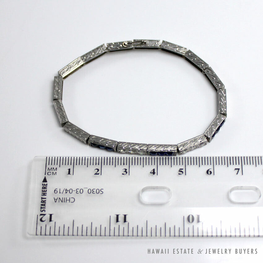 Art Deco Old European Diamond & Synthetic Sapphire Platinum Bracelet 6.5 Inch - Image 11