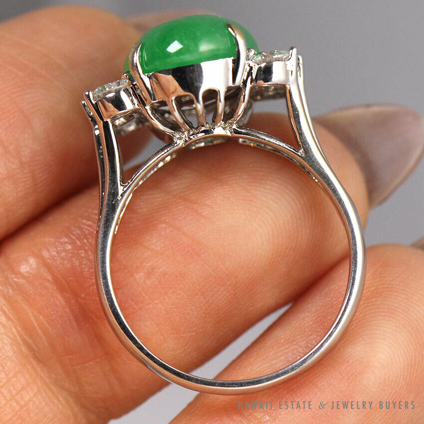 GIA CERTIFIED JADE APPLE GREEN CABOCHON DIAMOND 0.90CTW 18K WHITE GOLD RING SZ 8 - Image 9