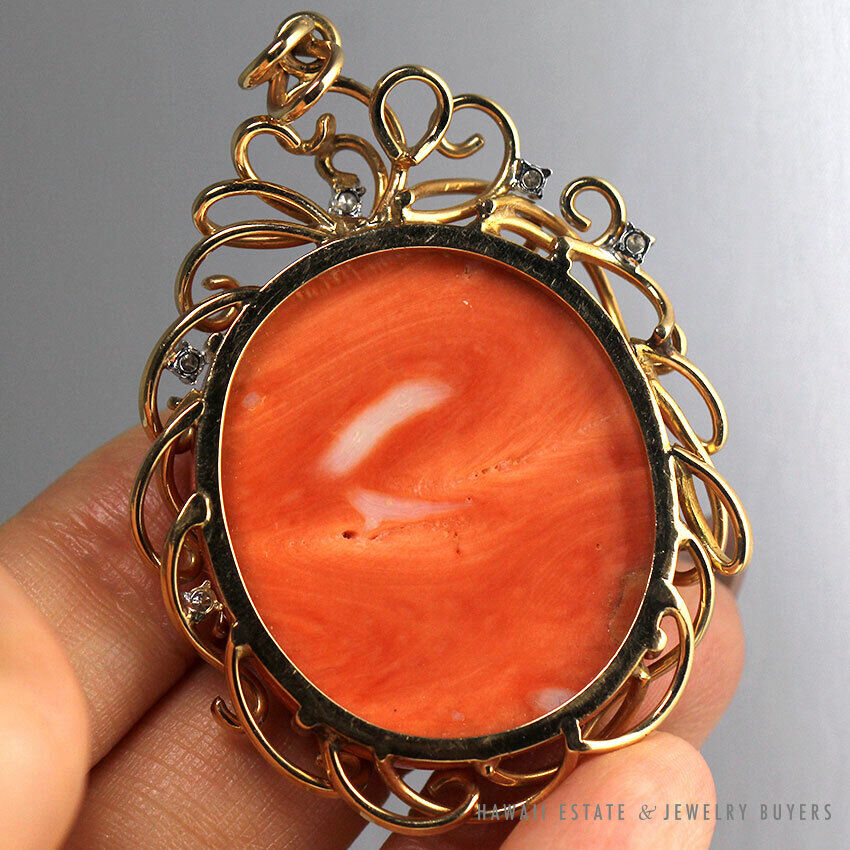 Vintage Carved Coral Cameo & Diamond 14K Yellow Gold Wirework Pendant - Image 5