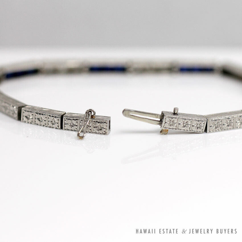 Art Deco Old European Diamond & Synthetic Sapphire Platinum Bracelet 6.5 Inch - Image 9