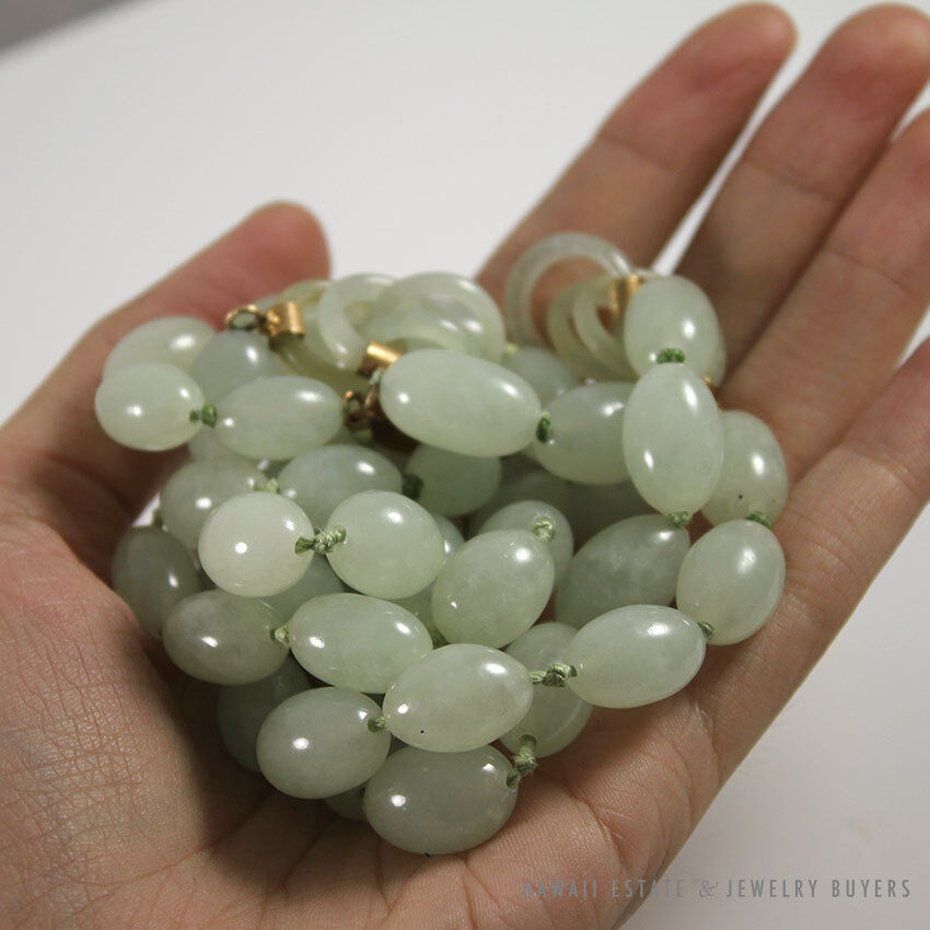 Carved Pale Green Jade Endless Chain Bead Necklace 35 Inch with 14K Gold Clasp - Image 8