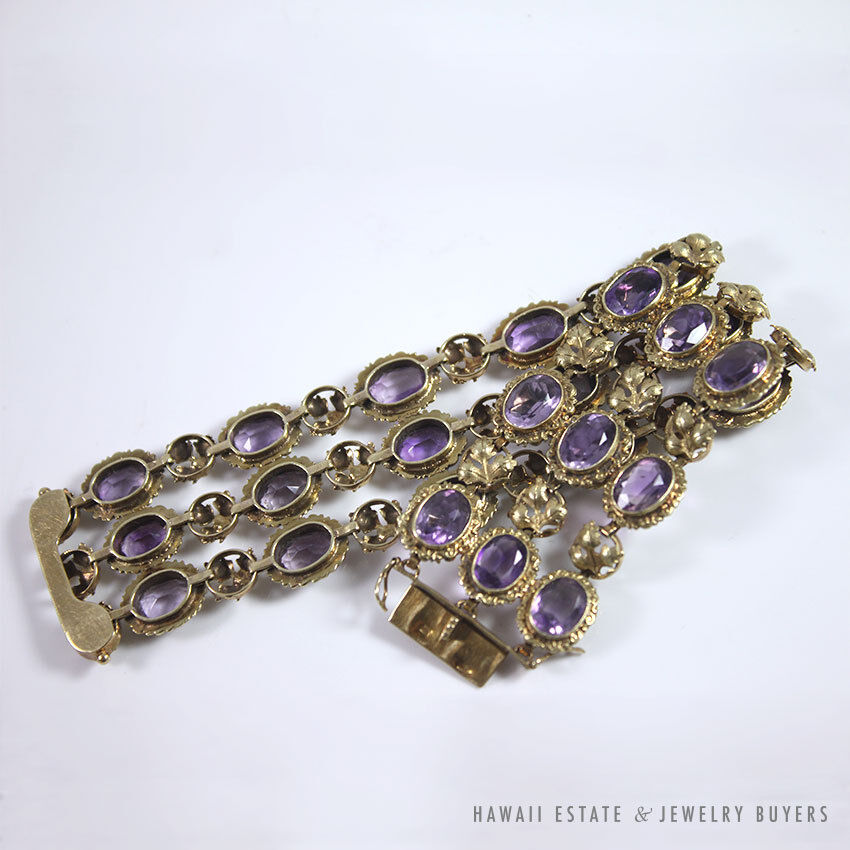 Vintage 1940s Bezel-Set Oval Amethyst 14K Yellow Gold Wide Flexible Bracelet - Image 10
