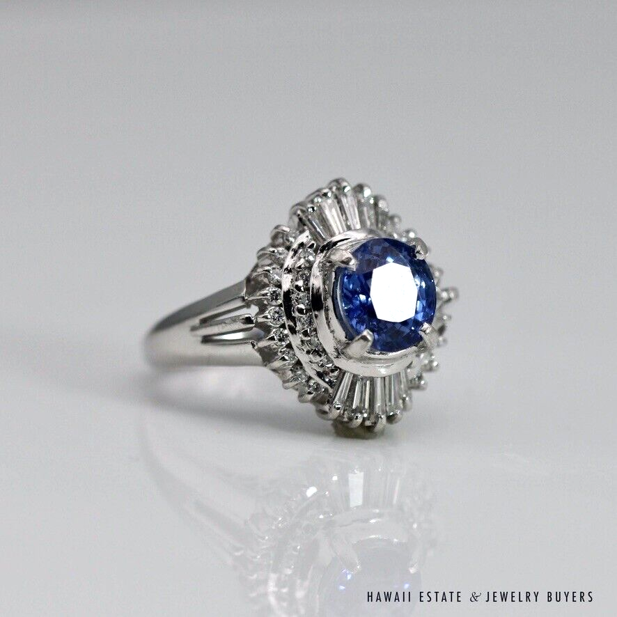 Oval Blue Sapphire & Diamond Platinum Halo Ballerina Ring Size 5.75 - Image 3