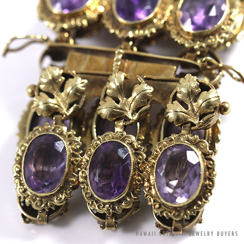 Vintage 1940s Bezel-Set Oval Amethyst 14K Yellow Gold Wide Flexible Bracelet - Image 4