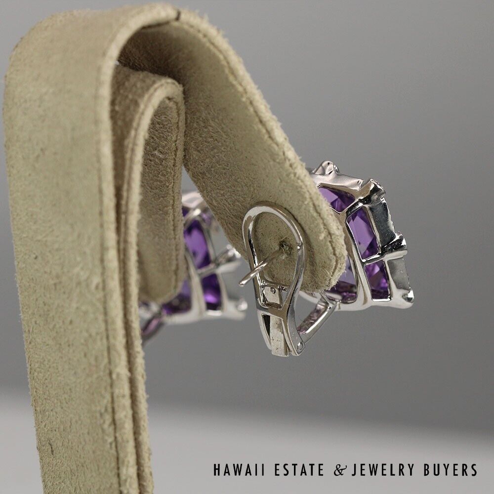 Checkerboard Cut Amethyst & Diamond 18K White Gold Ring & Earrings Set Size 6.5 - Image 6