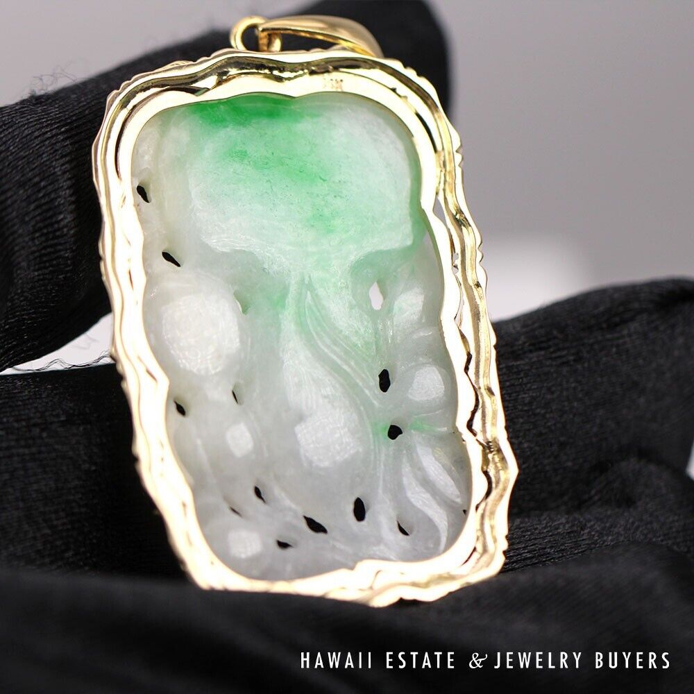 Carved Moss in Snow Green & White Jade 14K Yellow Gold Pendant - Image 5