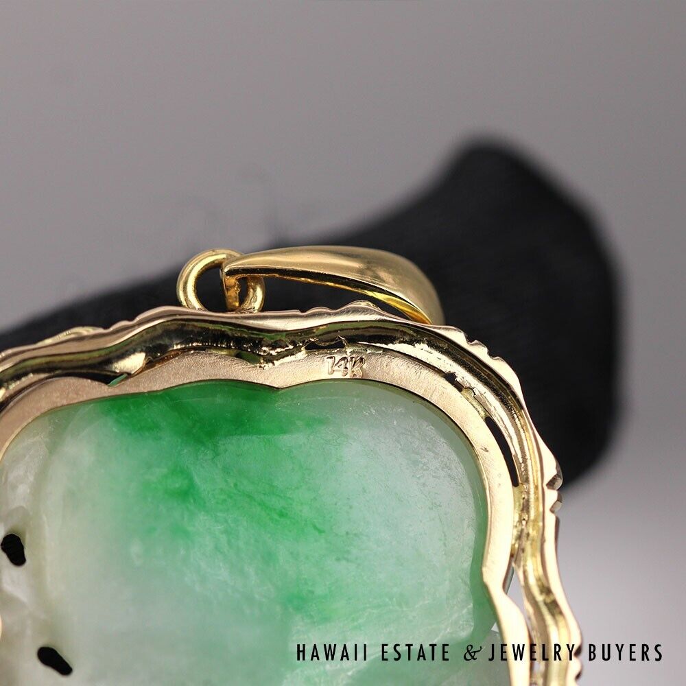 Carved Moss in Snow Green & White Jade 14K Yellow Gold Pendant - Image 6