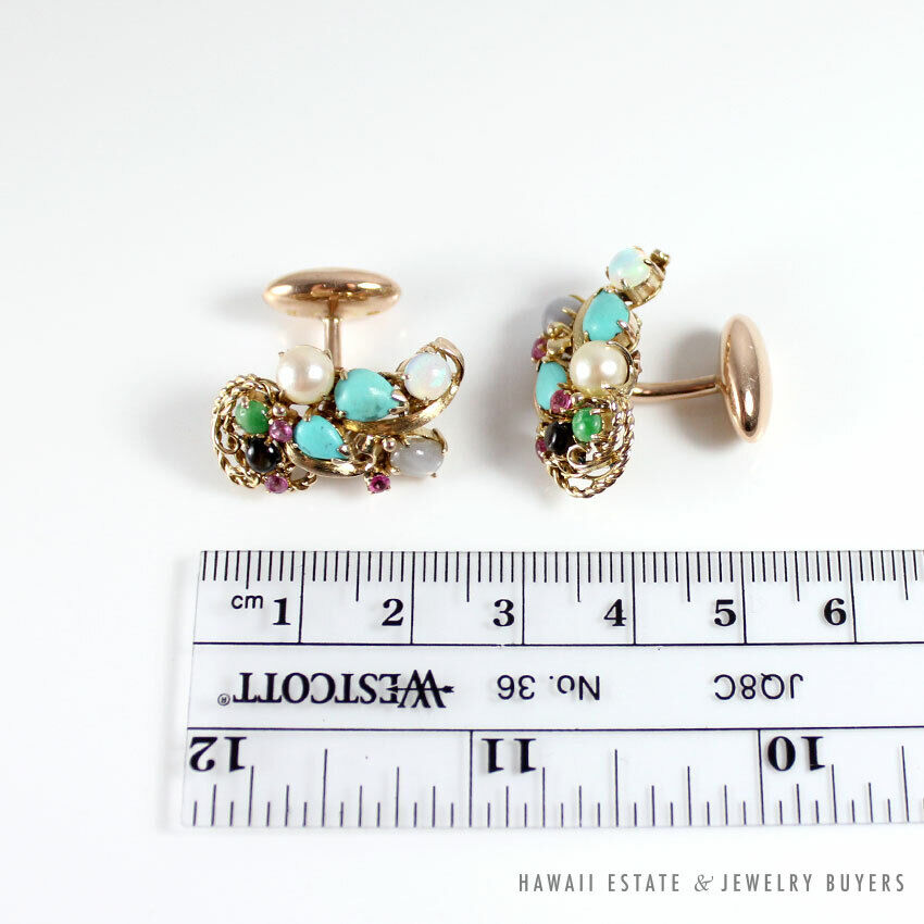 Vintage Turquoise Cabochon Pearl Two-Tone 10K Gold Cufflinks - Image 8