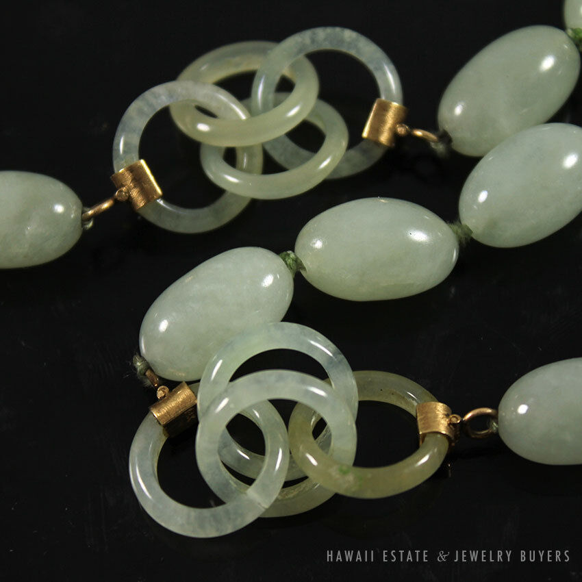 Carved Pale Green Jade Endless Chain Bead Necklace 35 Inch with 14K Gold Clasp - Image 6