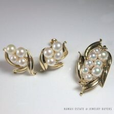 Mikimoto Cultured Pearl Cluster Flower 14K Yellow Gold Earrings & Pendant Set