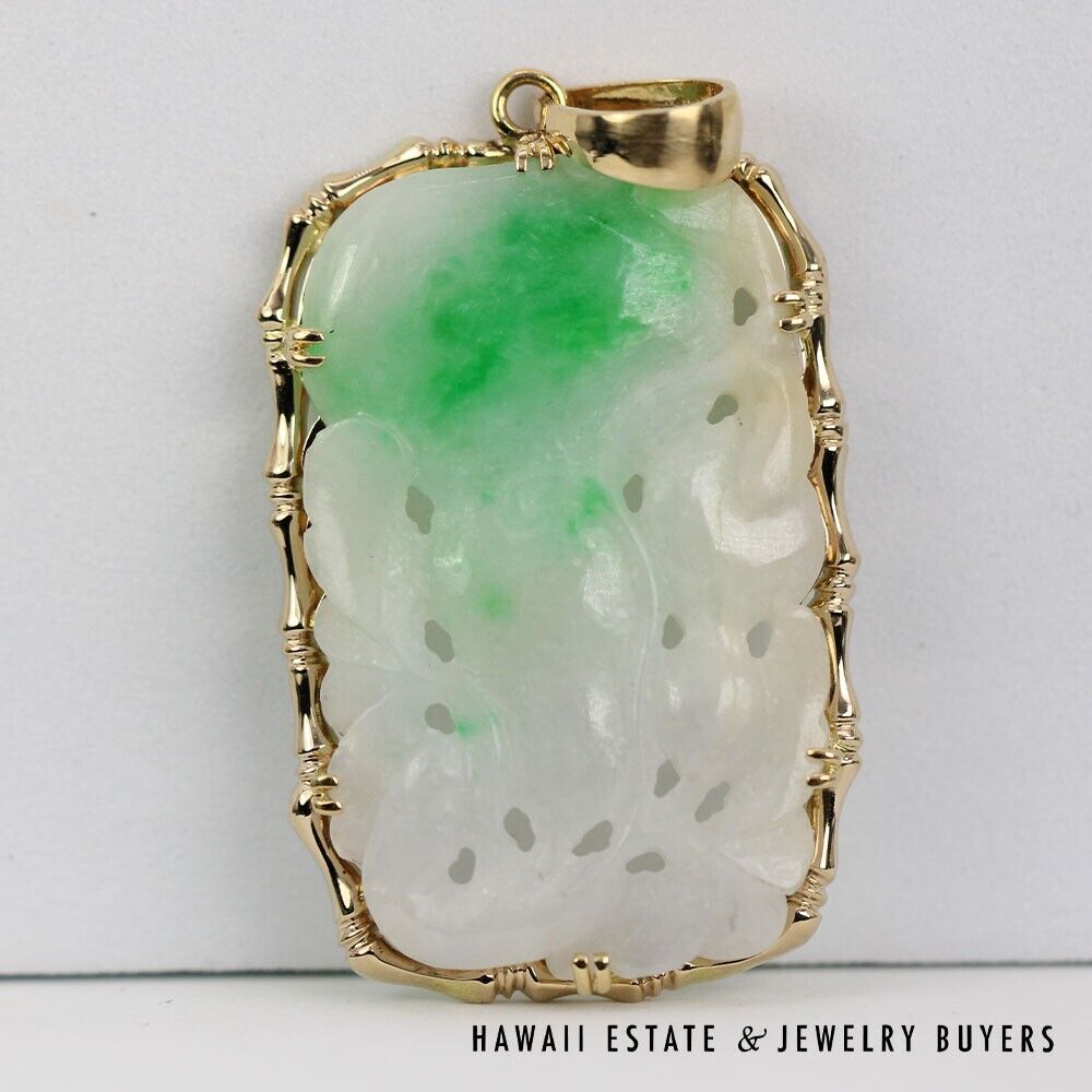 Carved Moss in Snow Green & White Jade 14K Yellow Gold Pendant - Image 2