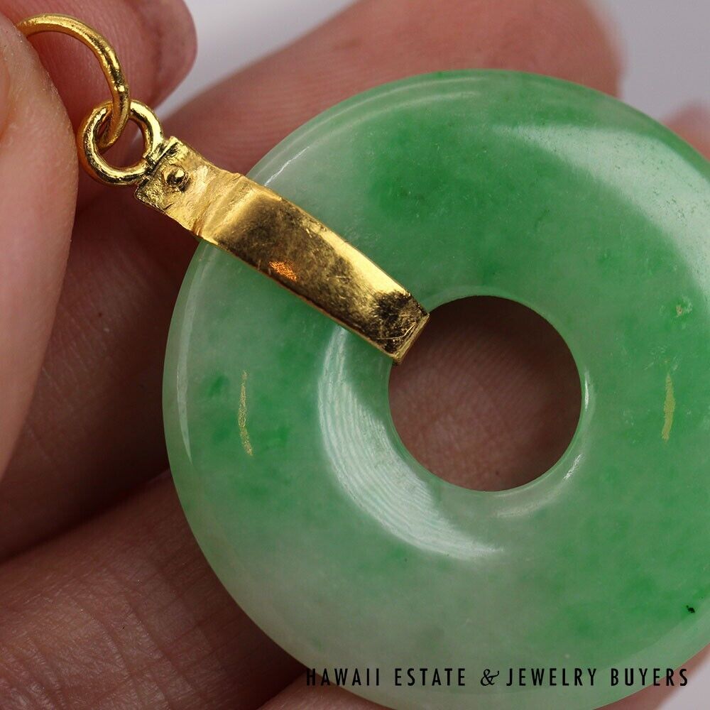 GIA Green Jadeite Jade Donut 22K Yellow Gold Pendant w/ Cert - Image 4