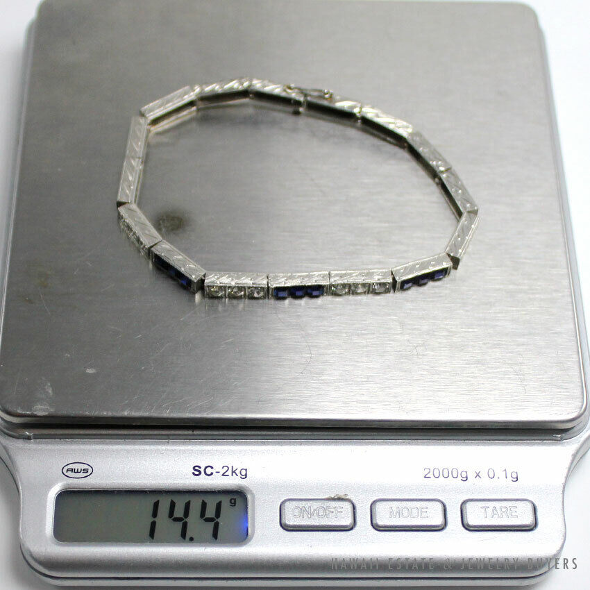 Art Deco Old European Diamond & Synthetic Sapphire Platinum Bracelet 6.5 Inch - Image 12