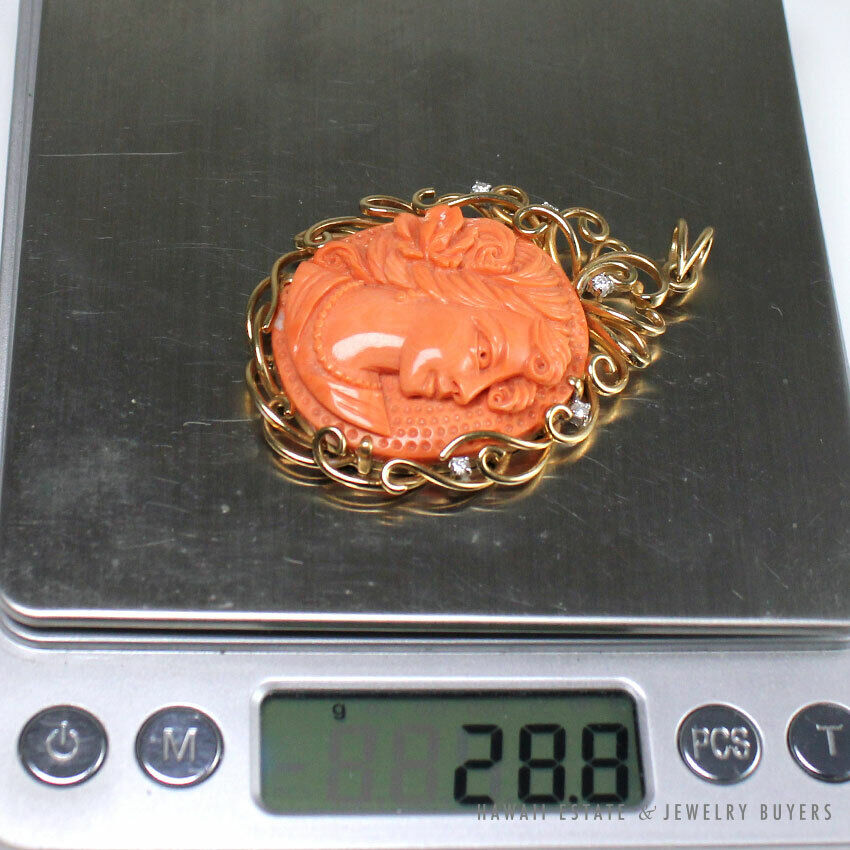 Vintage Carved Coral Cameo & Diamond 14K Yellow Gold Wirework Pendant - Image 10