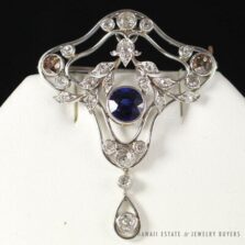 Antique Old Mine Diamond & Synthetic Sapphire Platinum Openwork Shield Brooch
