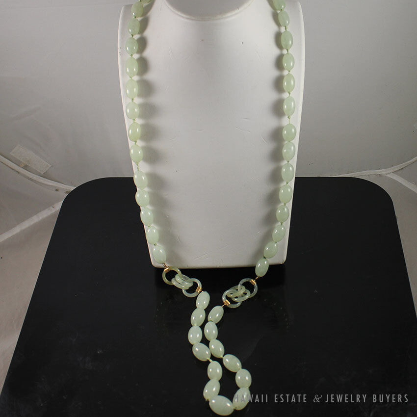 Carved Pale Green Jade Endless Chain Bead Necklace 35 Inch with 14K Gold Clasp - Image 2