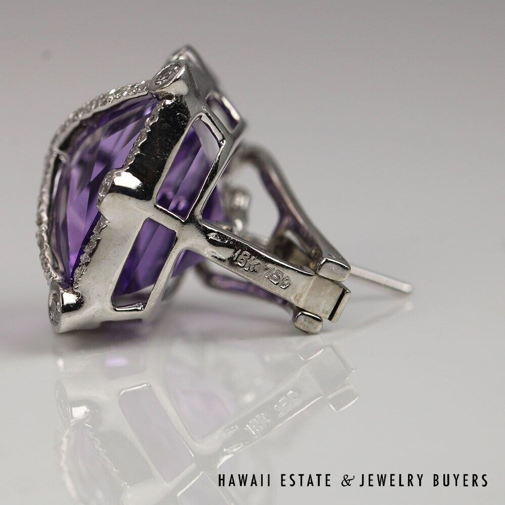Checkerboard Cut Amethyst & Diamond 18K White Gold Ring & Earrings Set Size 6.5 - Image 8