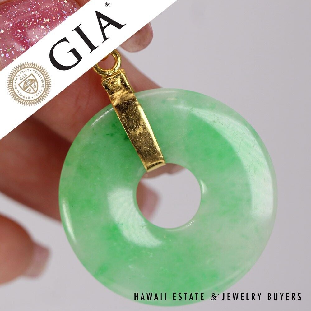 GIA Green Jadeite Jade Donut 22K Yellow Gold Pendant w/ Cert