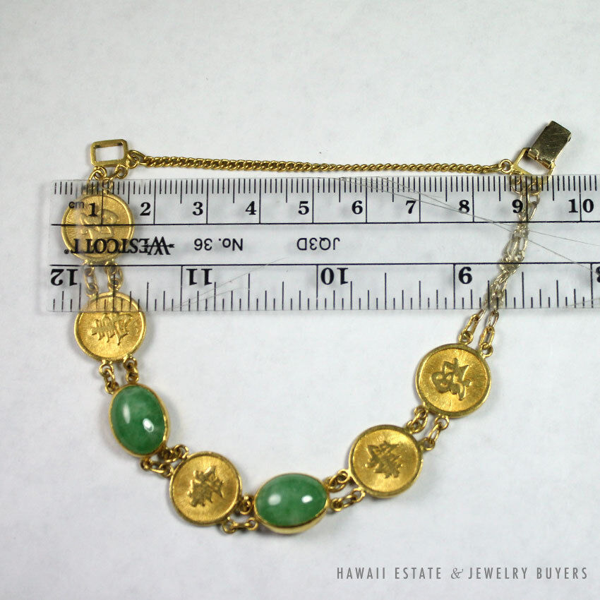 NATURAL GREEN JADEITE JADE CHINESE GOOD LUCK 22K YELLOW GOLD BRACELET - Image 8