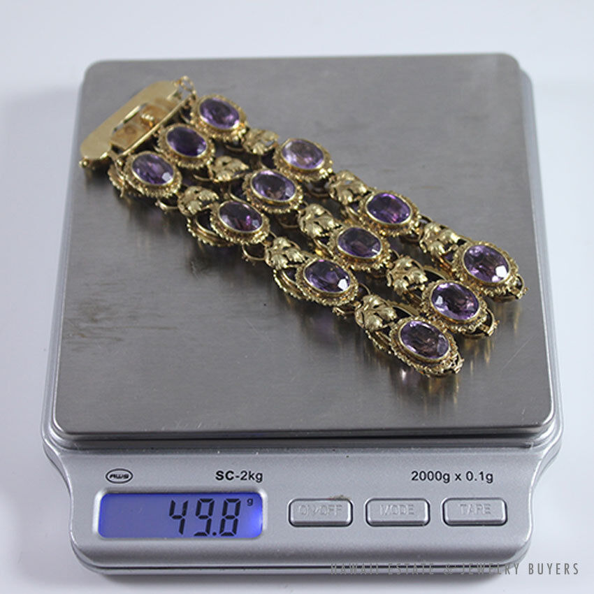 Vintage 1940s Bezel-Set Oval Amethyst 14K Yellow Gold Wide Flexible Bracelet - Image 12