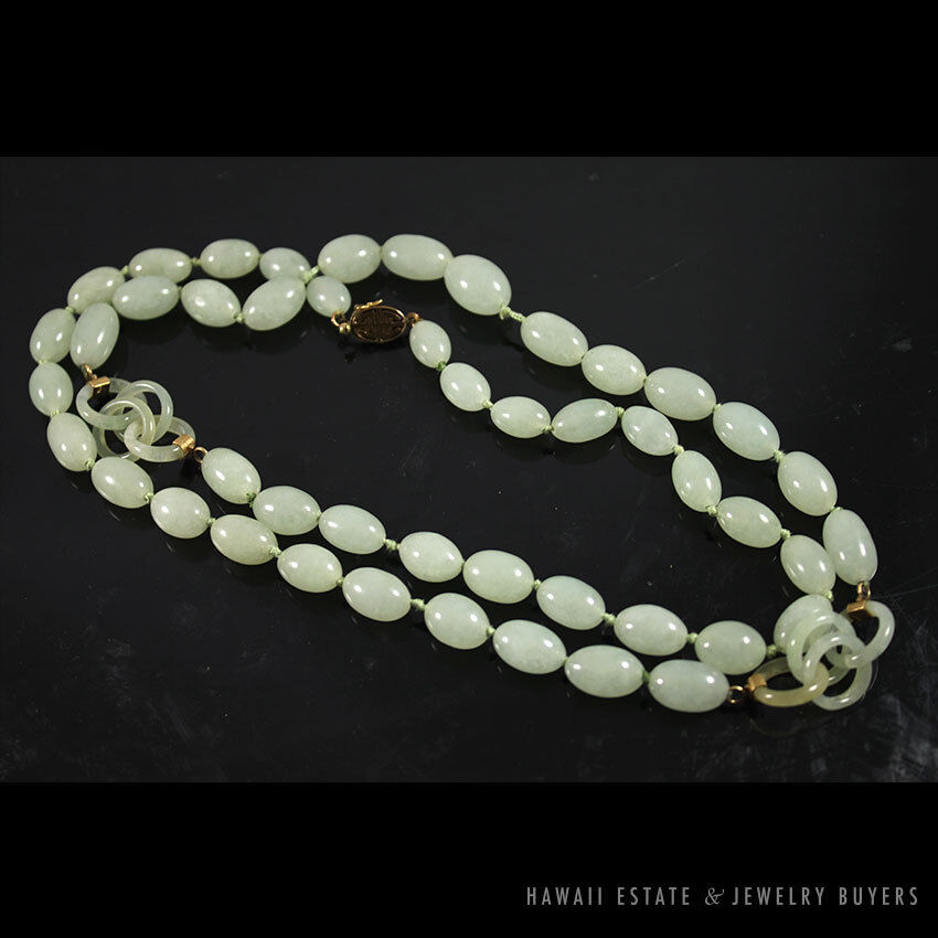 Carved Pale Green Jade Endless Chain Bead Necklace 35 Inch with 14K Gold Clasp - Image 7