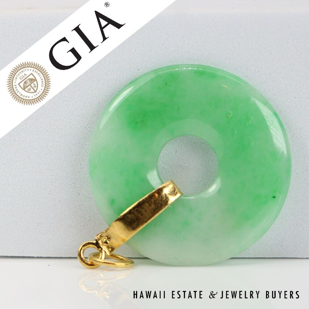 GIA Green Jadeite Jade Donut 22K Yellow Gold Pendant w/ Cert - Image 2