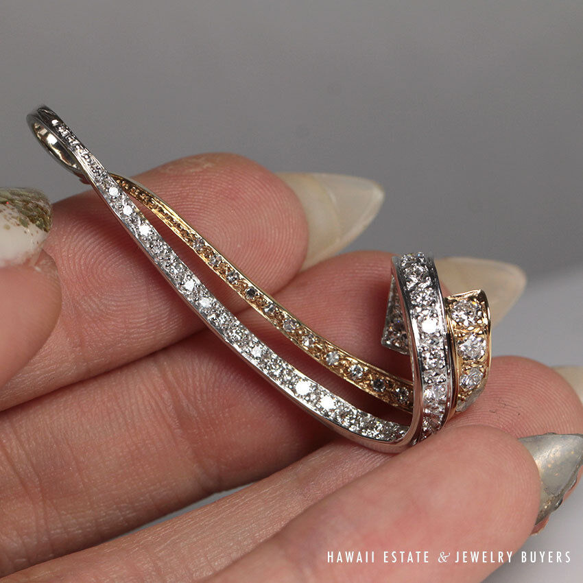 Diamond Pave Two-Tone 14K White Yellow Gold Ribbon Pendant - Image 5