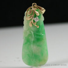 GIA Natural Jadeite Jade Mot. Green Diamond 14K Yellow Gold Pendant