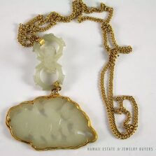 Carved White Mutton Fat Jade Openwork Floral Pendant 14K Yellow Gold Necklace
