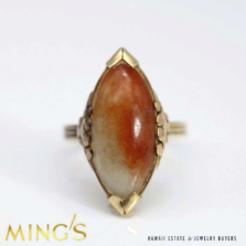 Ming's Hawaii Mottled Red & White Jade Oval Cabochon 14K Yellow Gold Ring Size 7