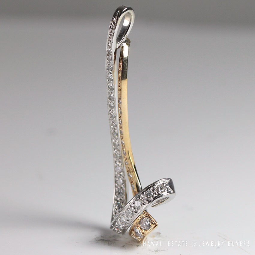 Diamond Pave Two-Tone 14K White Yellow Gold Ribbon Pendant - Image 2