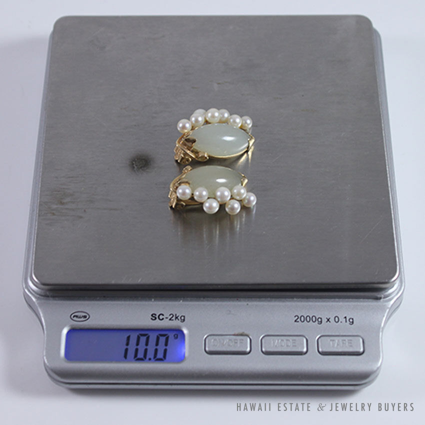 Ming's Hawaii Jade Marquise Cabochon Pearl Cluster 14K Yellow Gold Clip Earrings - Image 12