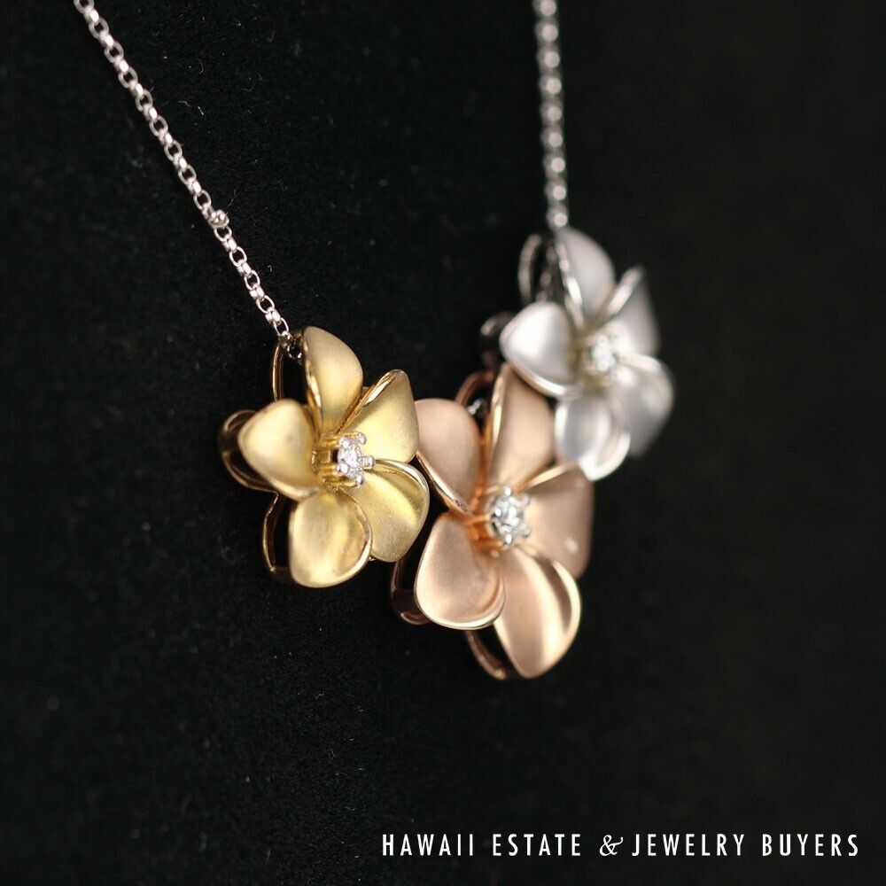 0.15CTW Diamond Plumeria Frangipani Hawaiian 3 Tone Gold Necklace 16"-18" - Image 2