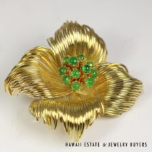 2ctw Emerald Hand Fabricated Flower 41.4g 18K Yellow Gold Brooch